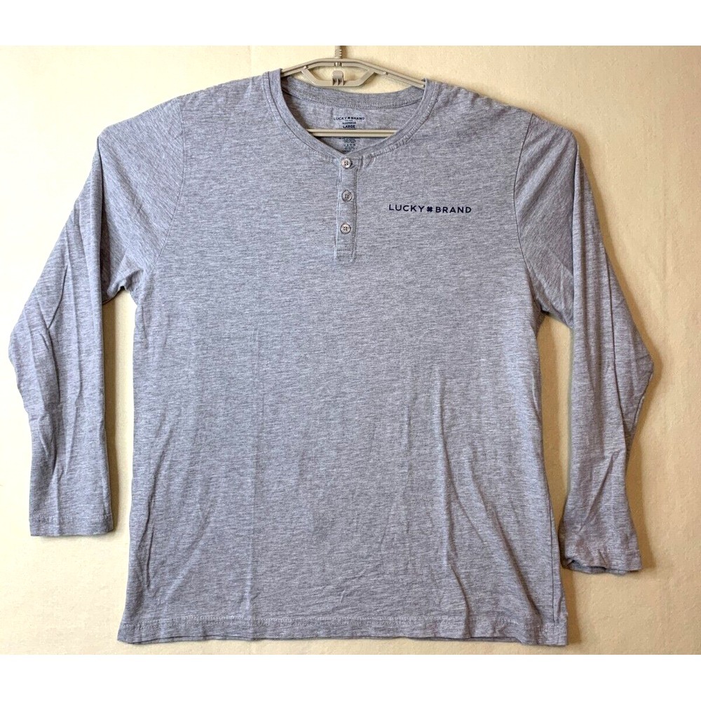 Lucky Brand Henley T Shirt Mens Sleepwear Large Long Sleeve Gray Spellout Sz L
